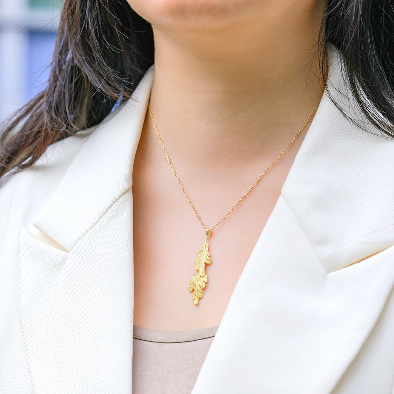 Leaf Pendant Clavicle Chain Hand Brushed S925 Silver Gold Plated Necklace