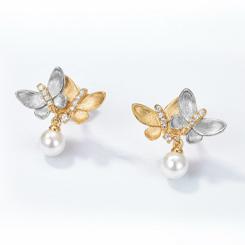 Two Tone Gold Hand-Brushed Butterfly Stud Earrings Sparkling Rhinestones & Pearls