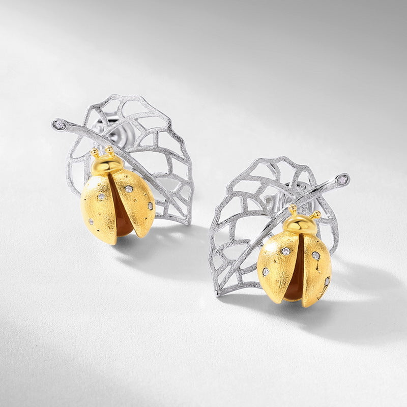 Ladybug Leaf Earrings, Two-Tone Gold & Silver Stud Earrings with Natural Red Agate Accents
