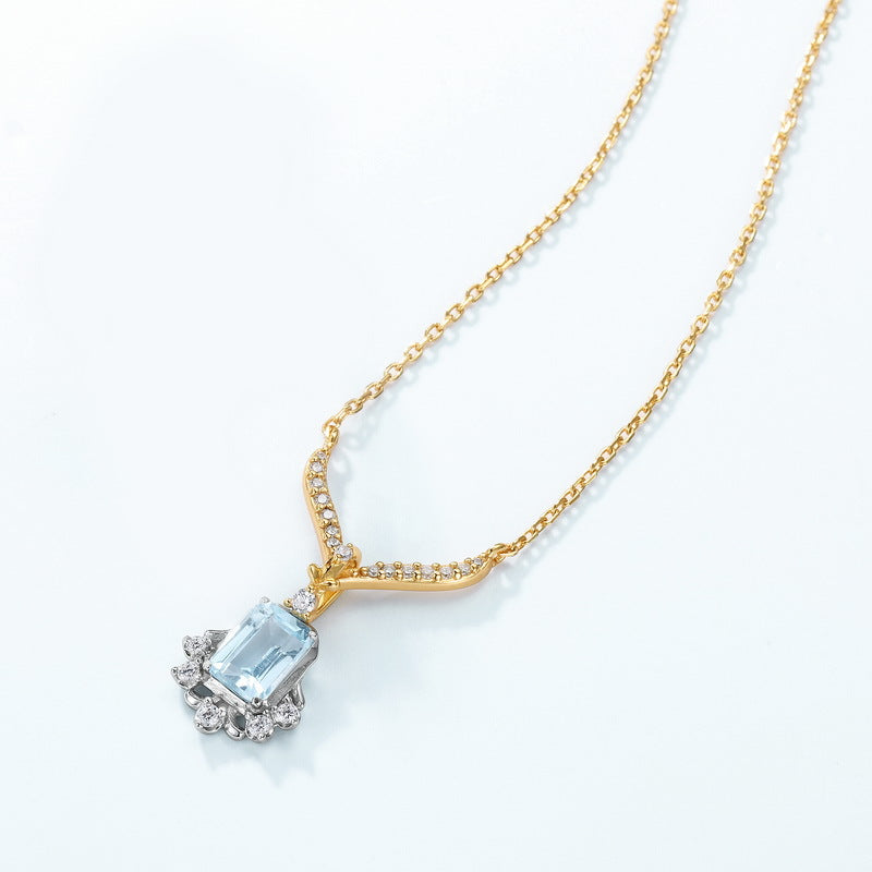Vintage 5x7mm Emerald Cut Sky Blue Topaz V-Shape Pendant Necklace