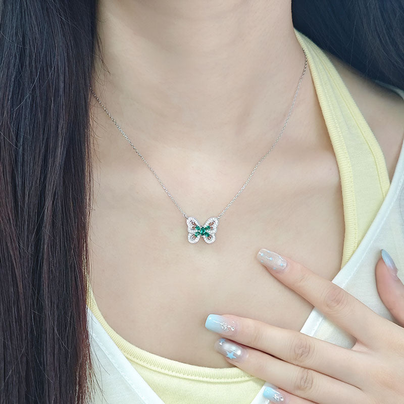 Elegant Silver Emerald Butterfly Necklace and Earring Set May Birthstone