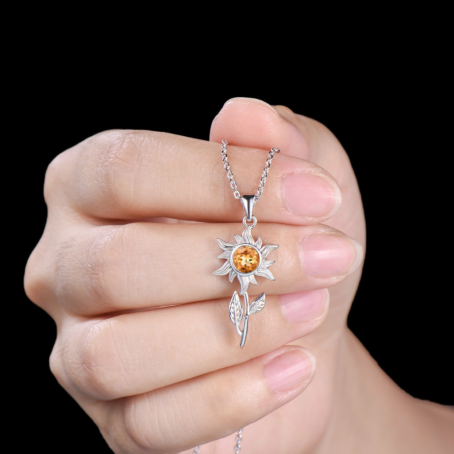 Celestial Round Natural Citrine Sun Necklace Yellow Gold Solitaire leaf Pendant Nature Inspired Wedding Necklace Anniversary Gifts For Girl