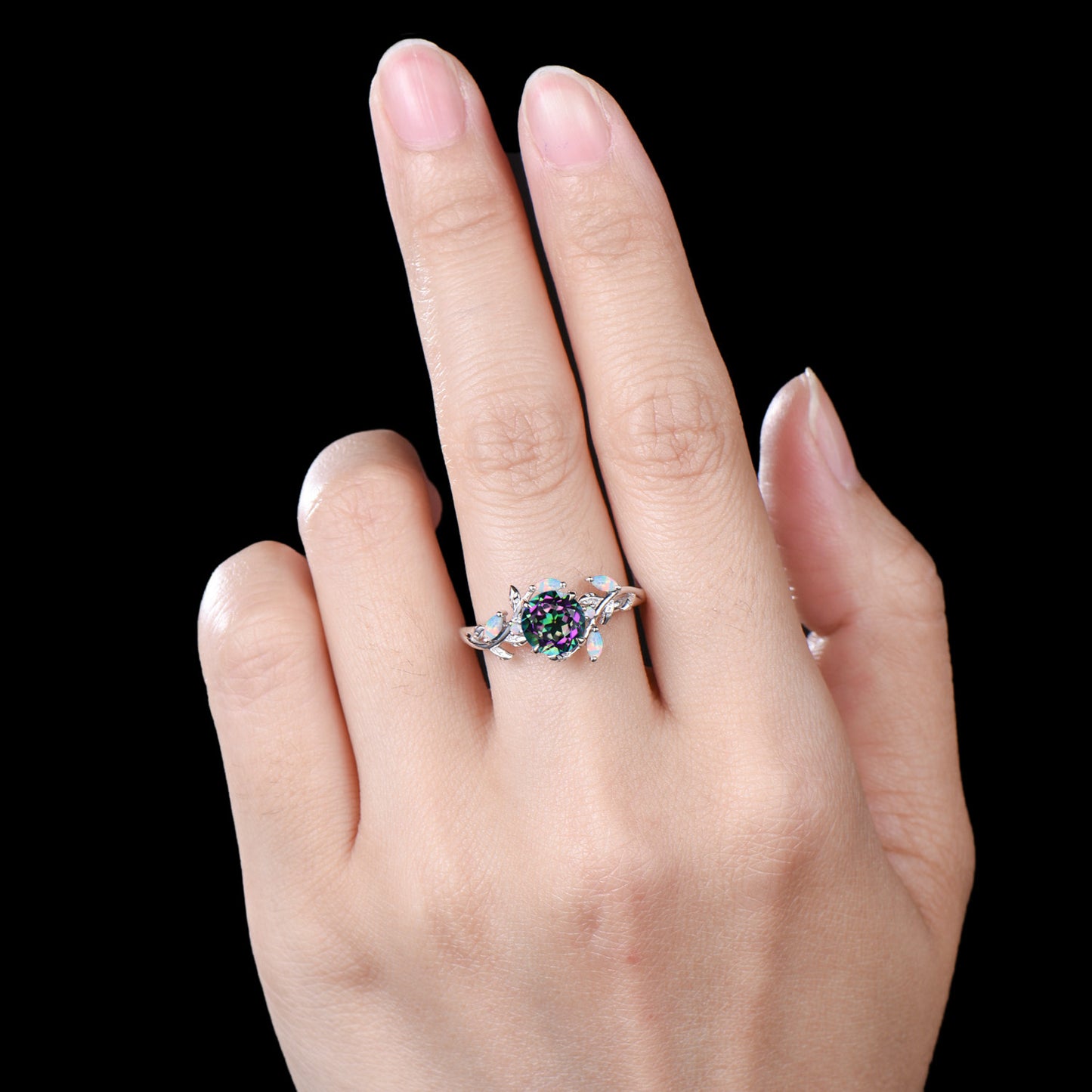 Nature Inspired 1 Carat Round Cut Mystic Topaz Ring Marquise Opal Twig Vine Rainbow Topaz Engagement Ring Silver White Gold Promise Ring