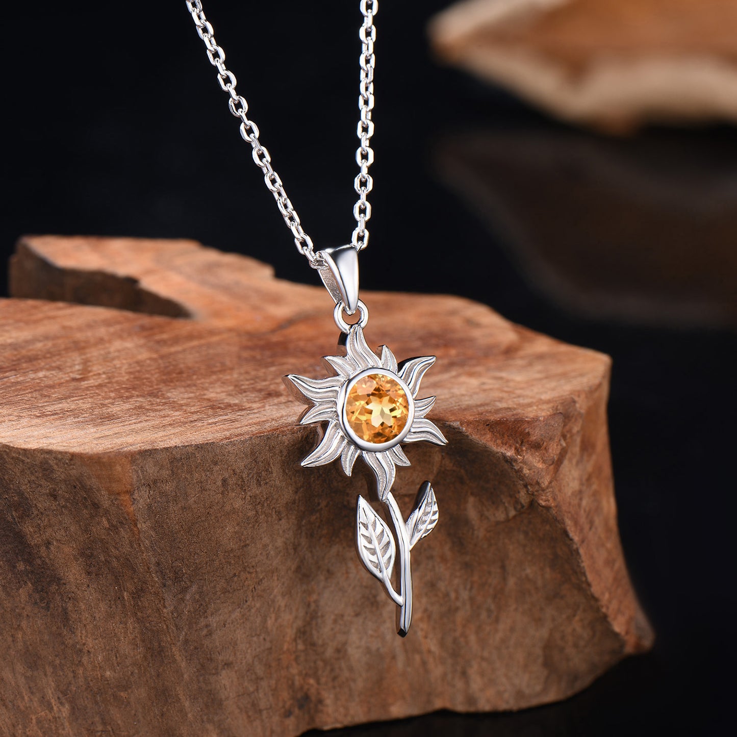 Celestial Round Natural Citrine Sun Necklace Yellow Gold Solitaire leaf Pendant Nature Inspired Wedding Necklace Anniversary Gifts For Girl