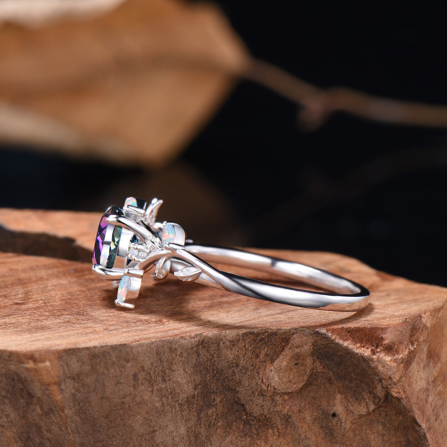Nature Inspired 1 Carat Round Cut Mystic Topaz Ring Marquise Opal Twig Vine Rainbow Topaz Engagement Ring Silver White Gold Promise Ring