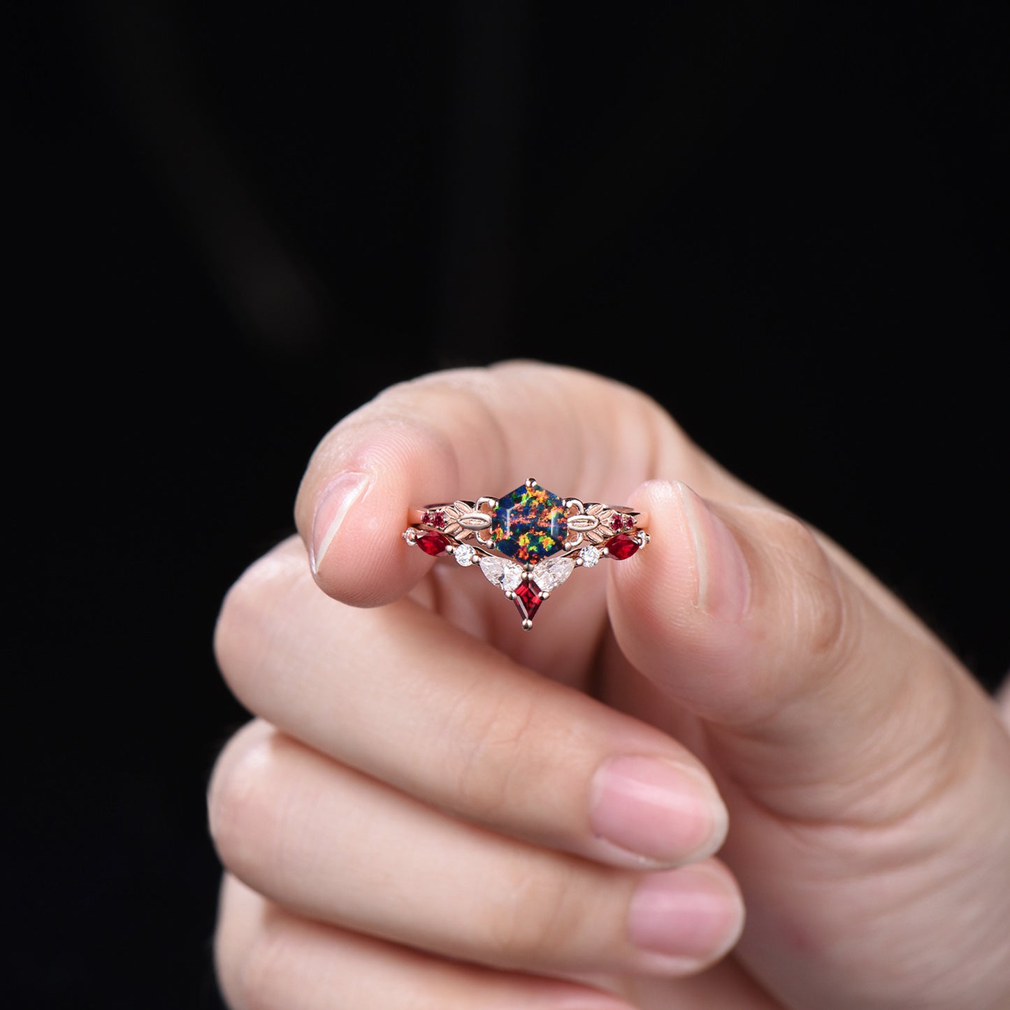 Delicate Hexagon Black Opal Leaf Engagement Ring Moissanite Ruby Curved Matching Band Nature Inspired Ring Set Anniversary Gifts For Women