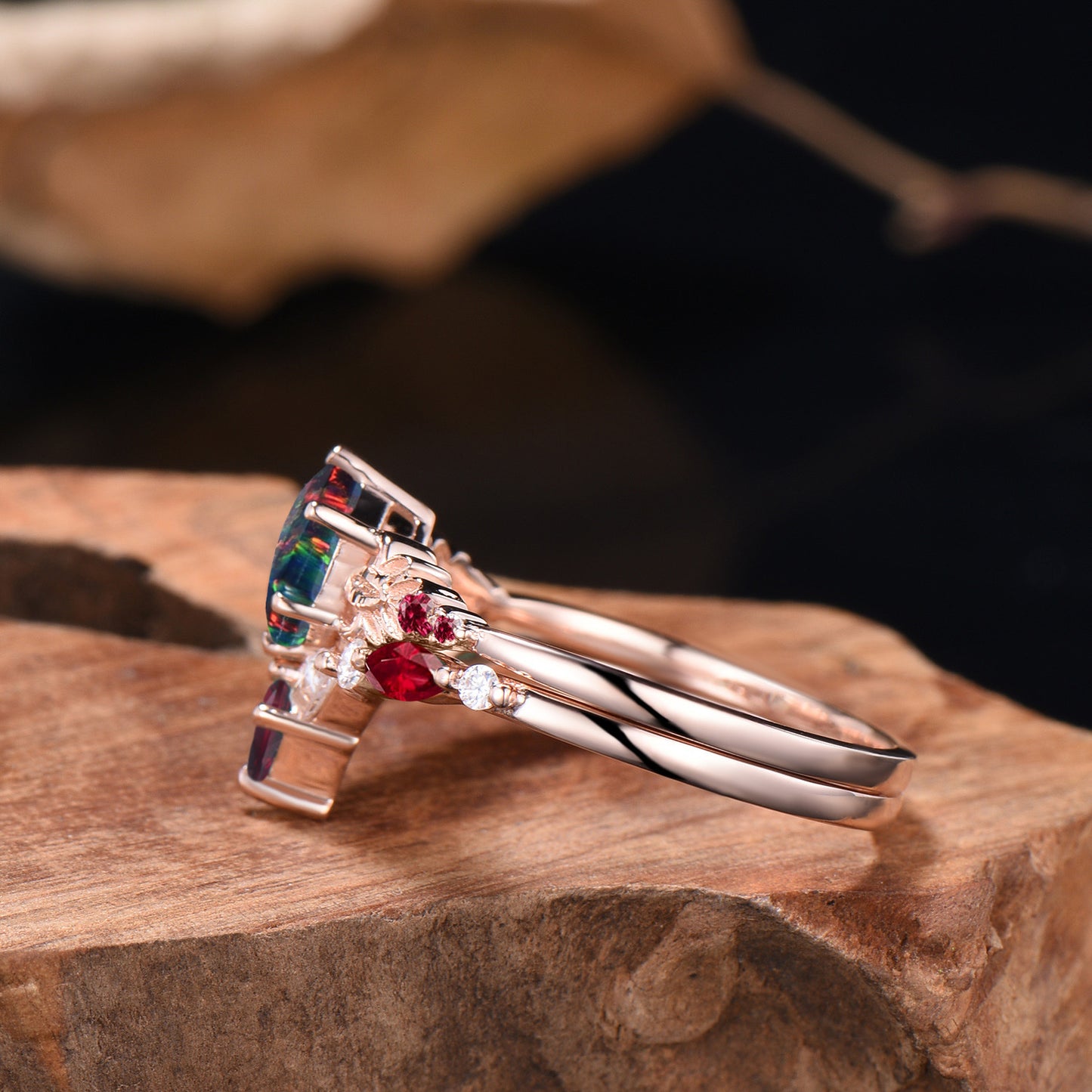 Delicate Hexagon Black Opal Leaf Engagement Ring Moissanite Ruby Curved Matching Band Nature Inspired Ring Set Anniversary Gifts For Women