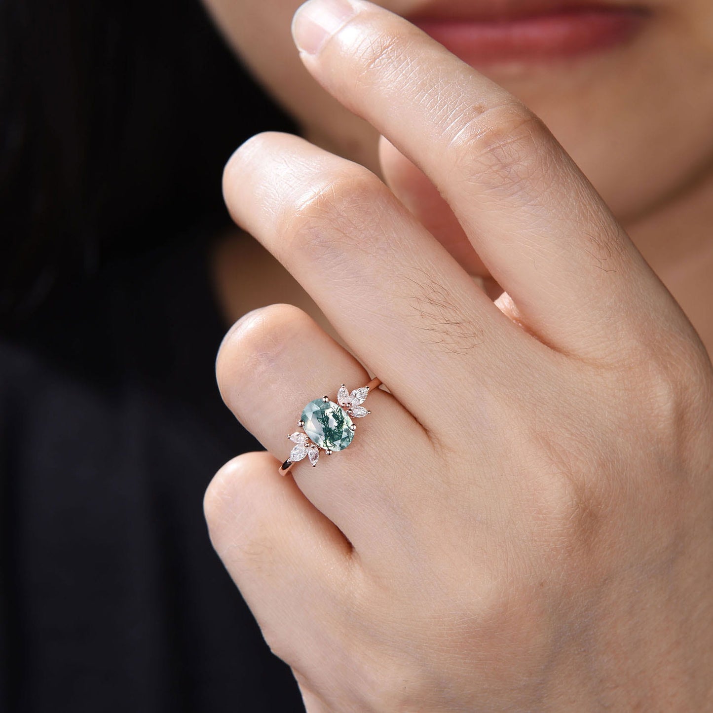 1.5CT Oval Cut moss agate engagement Rings Vintage Marquise Art Deco ring
