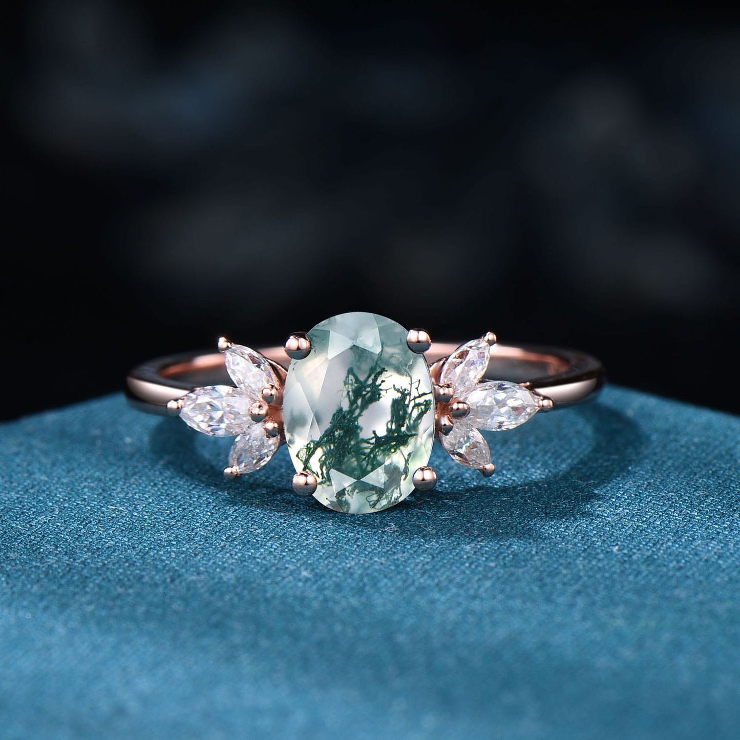 1.5CT Oval Cut moss agate engagement Rings Vintage Marquise Art Deco ring
