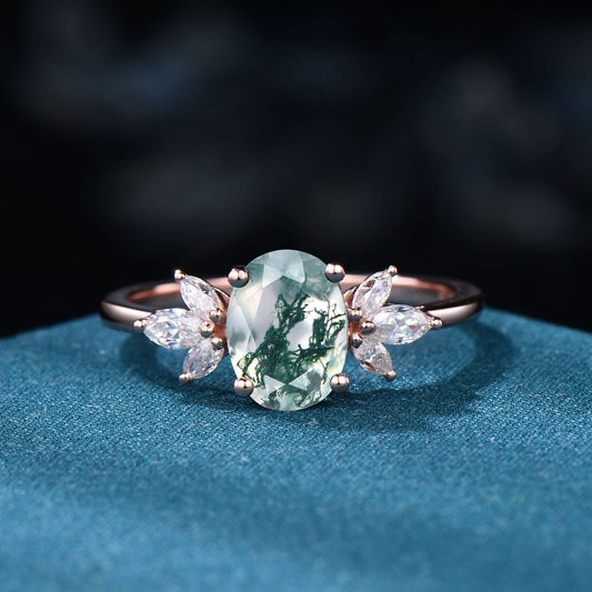 1.5CT Oval Cut moss agate engagement Rings Vintage Marquise Art Deco ring