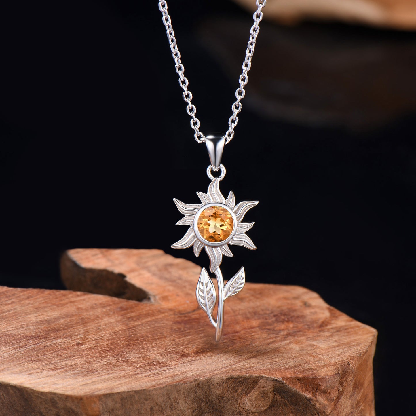 Celestial Round Natural Citrine Sun Necklace Yellow Gold Solitaire leaf Pendant Nature Inspired Wedding Necklace Anniversary Gifts For Girl