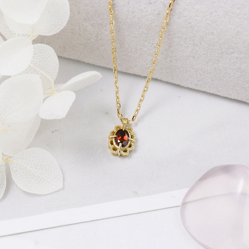 Vintage Lace Frame Garnet Pendant Necklace & Earrings, Fligrain January Birthstone Wedding Set