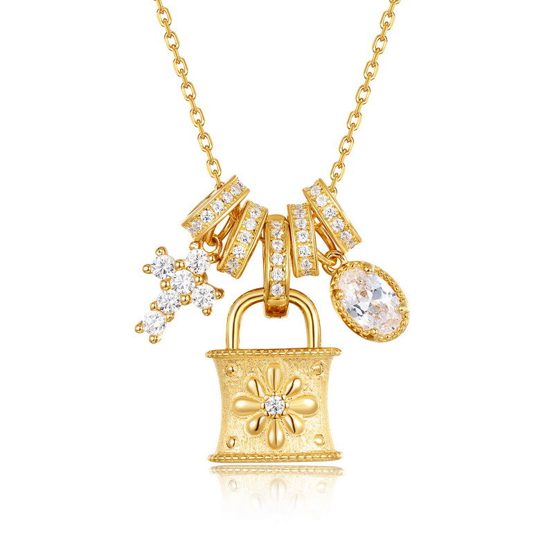 Vintage Style Hand Brushed Cross and Lock Clavicle Unique Charm Necklace