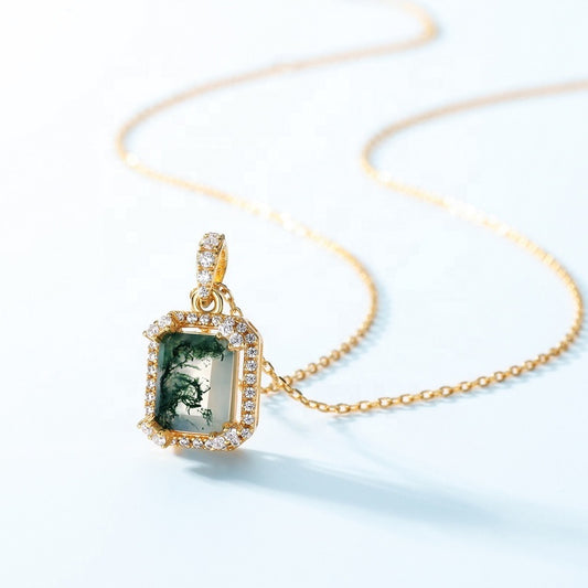 Vintage 7x9mm Emerald Cut Moss Agate Halo Crown Neckalce Pendant