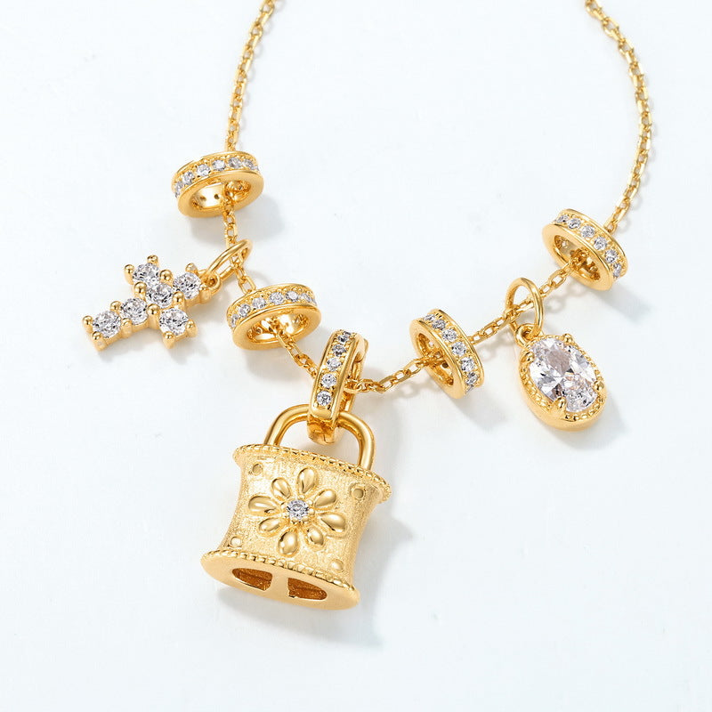 Vintage Style Hand Brushed Cross and Lock Clavicle Unique Charm Necklace