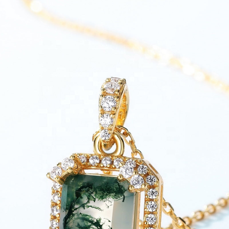 Vintage 7x9mm Emerald Cut Moss Agate Halo Crown Neckalce Pendant