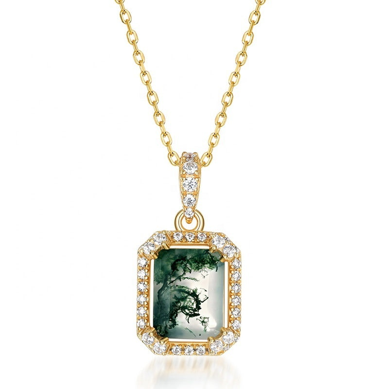 Vintage 7x9mm Emerald Cut Moss Agate Halo Crown Neckalce Pendant