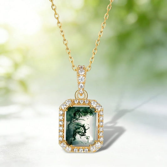 Vintage 7x9mm Emerald Cut Moss Agate Halo Crown Neckalce Pendant