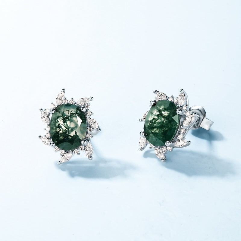 Oval Moss Agate Floral Halo Windmill Stud Earrings