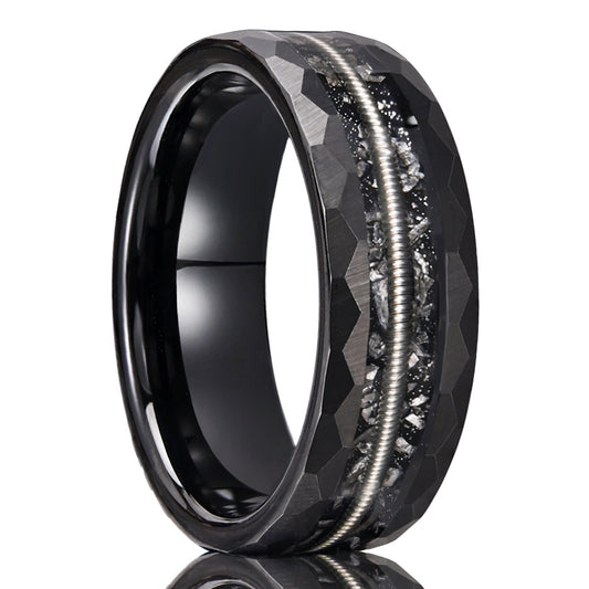 Rugged Black Tungsten Carbide Ring | Guitar String & Meteorite Dual Inlay | Wide 8mm Biker Wedding Band for Him