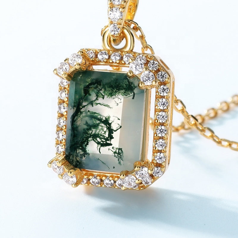 Vintage 7x9mm Emerald Cut Moss Agate Halo Crown Neckalce Pendant