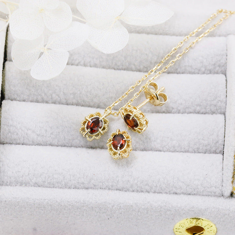 Vintage Lace Frame Garnet Pendant Necklace & Earrings, Fligrain January Birthstone Wedding Set