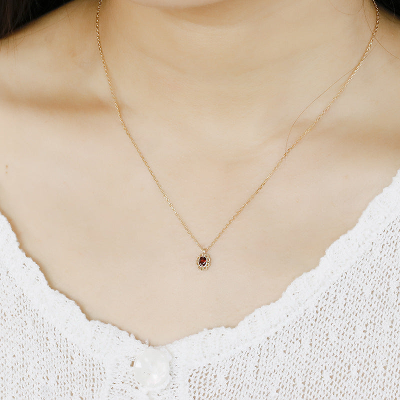 Vintage Lace Frame Garnet Pendant Necklace & Earrings, Fligrain January Birthstone Wedding Set