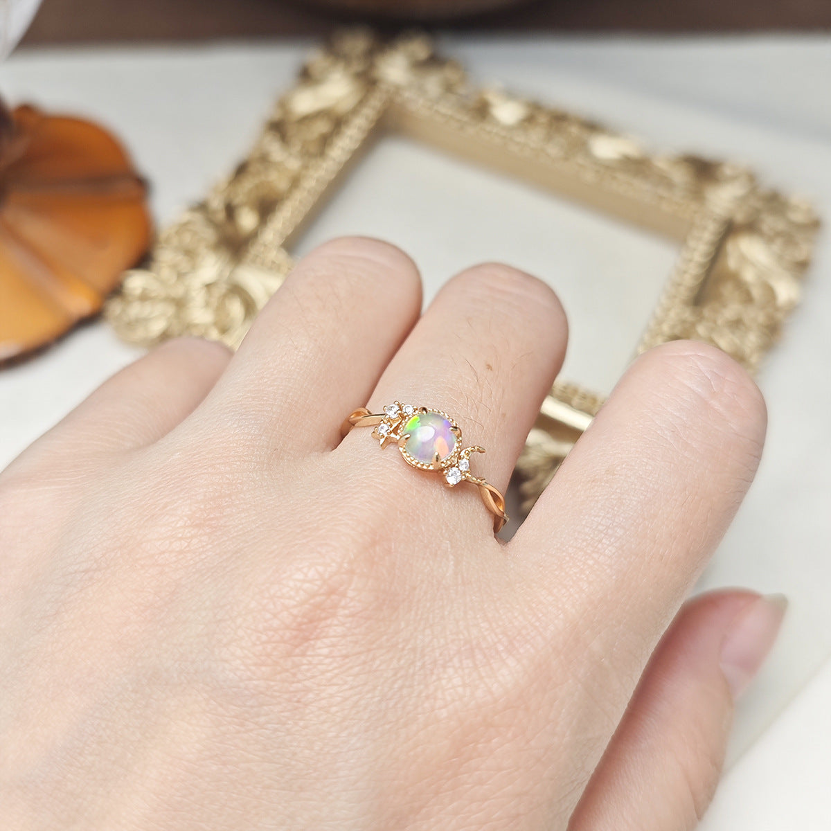 Dainty Opal Engagement Ring , Celestial Moon Star Design Promise Ring for Women