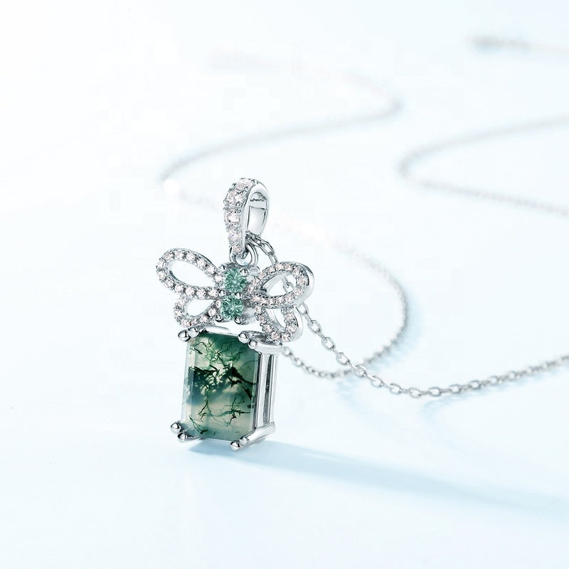 Unique 7x9mm Emerald Cut Moss Agate Bow Knot Neckalce Pendant
