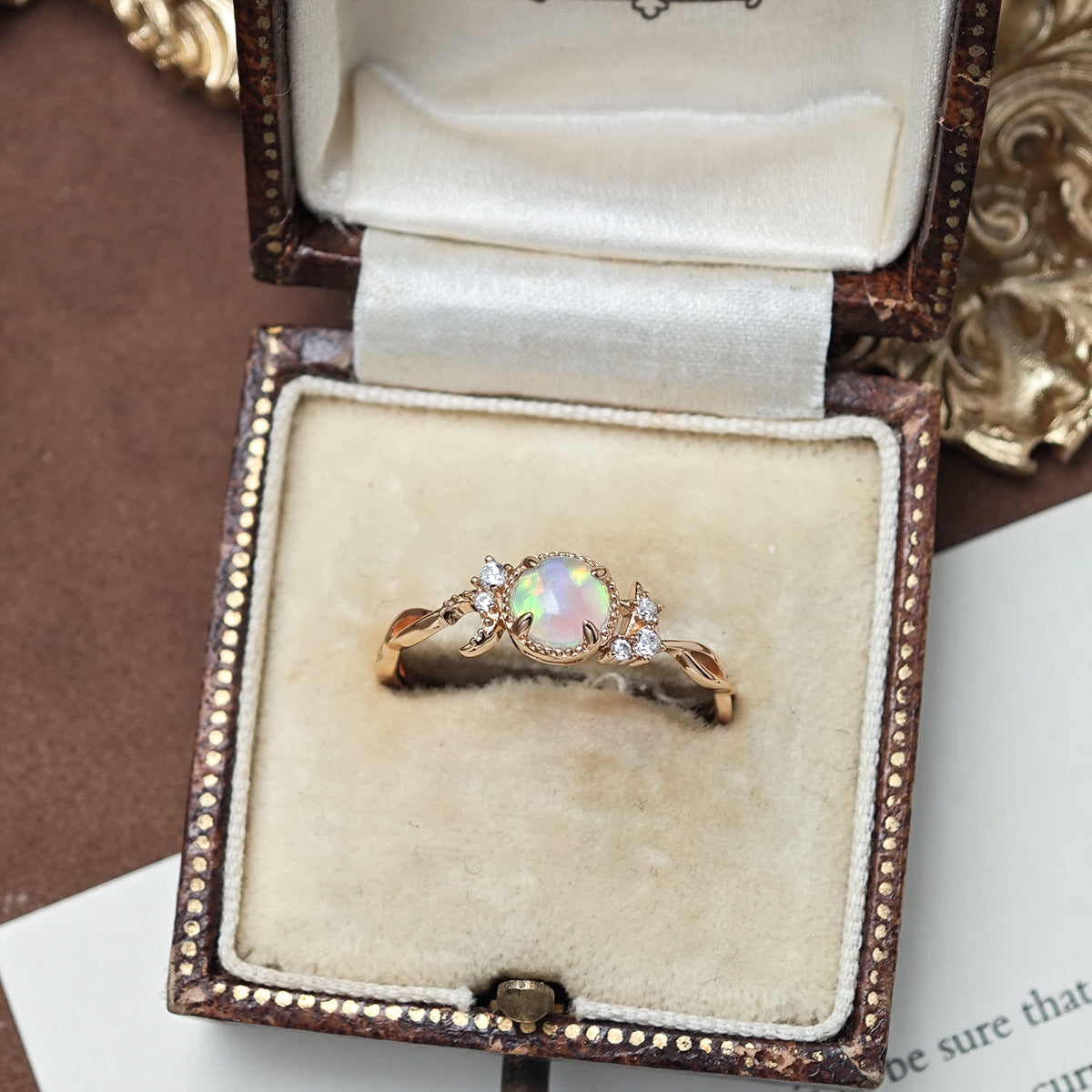 Dainty Opal Engagement Ring , Celestial Moon Star Design Promise Ring for Women