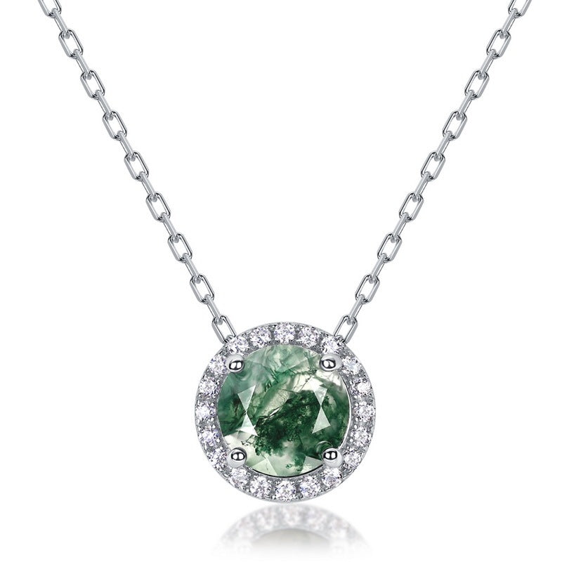 Classic 8mm Round Halo Natural Moss Agate Necklace