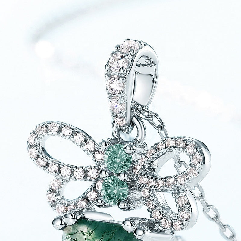 Unique 7x9mm Emerald Cut Moss Agate Bow Knot Neckalce Pendant