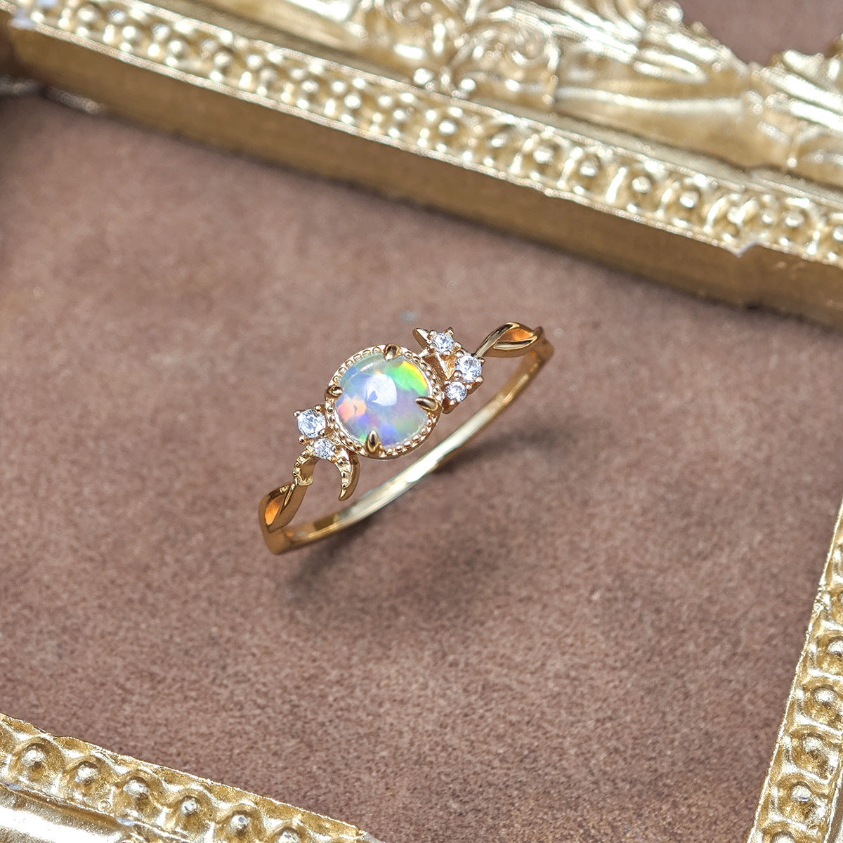 Dainty Opal Engagement Ring , Celestial Moon Star Design Promise Ring for Women
