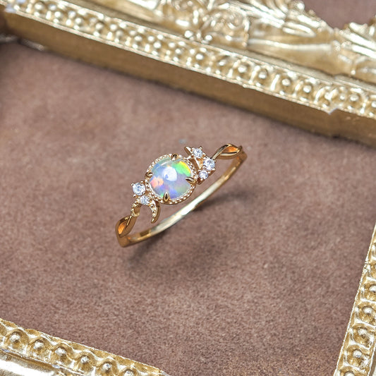 Dainty Opal Engagement Ring , Celestial Moon Star Design Promise Ring for Women