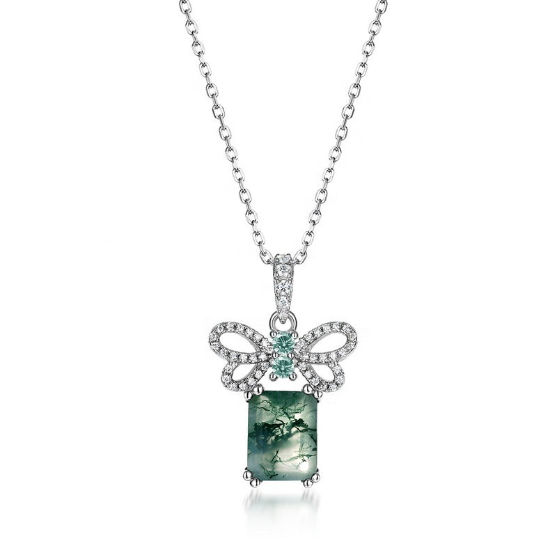 Unique 7x9mm Emerald Cut Moss Agate Bow Knot Neckalce Pendant