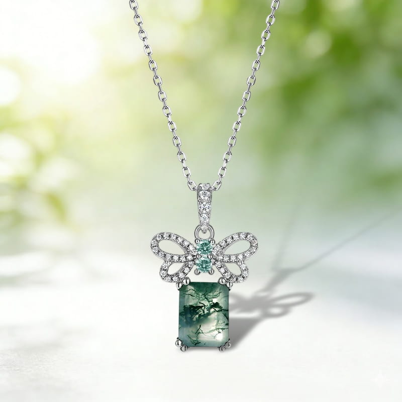 Unique 7x9mm Emerald Cut Moss Agate Bow Knot Neckalce Pendant