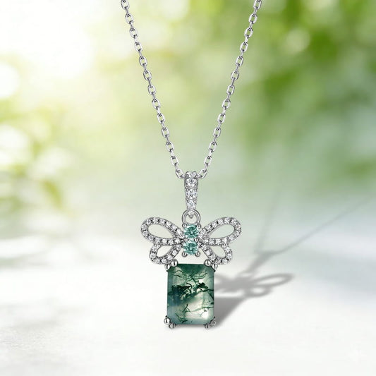 Unique 7x9mm Emerald Cut Moss Agate Bow Knot Neckalce Pendant