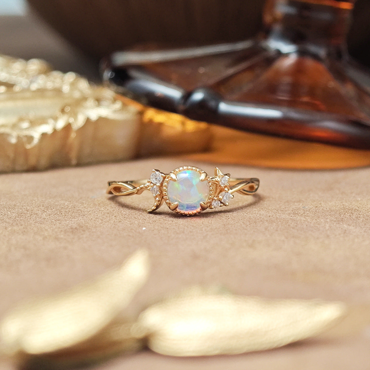 Dainty Opal Engagement Ring , Celestial Moon Star Design Promise Ring for Women