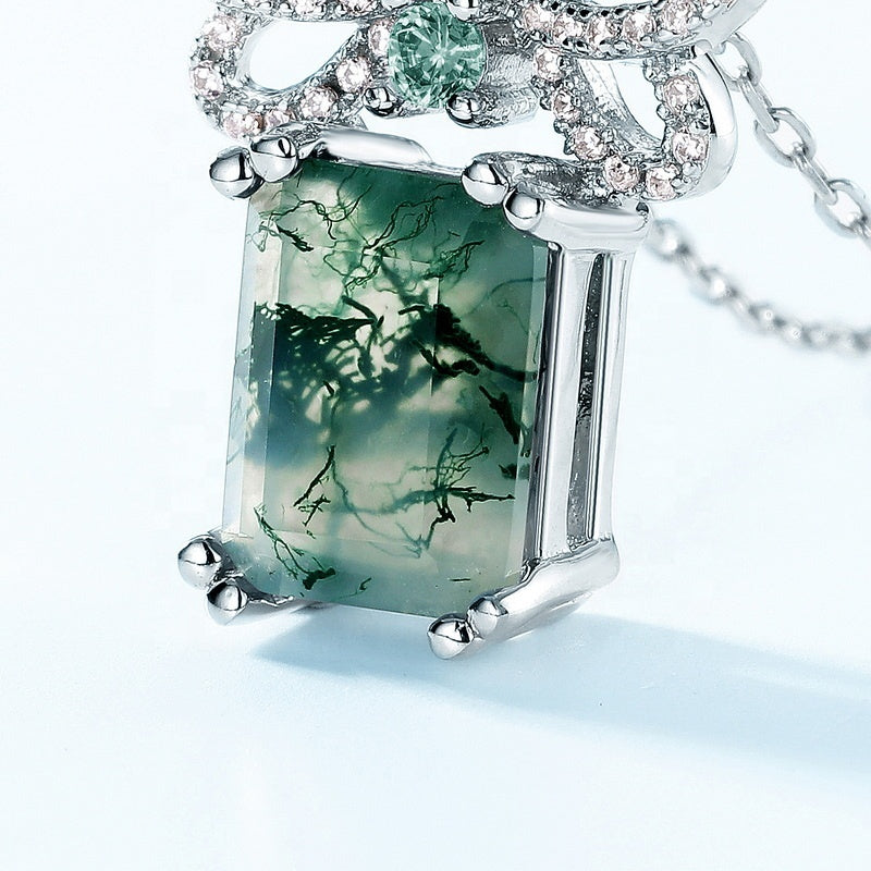 Unique 7x9mm Emerald Cut Moss Agate Bow Knot Neckalce Pendant