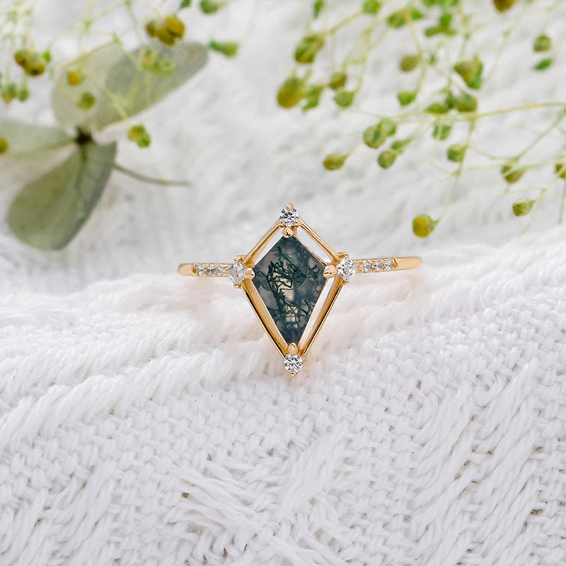 Vintage Kite Cut Moss Agate Engagement Ring Minimalist Diamond Accent Wedding Promise Ring
