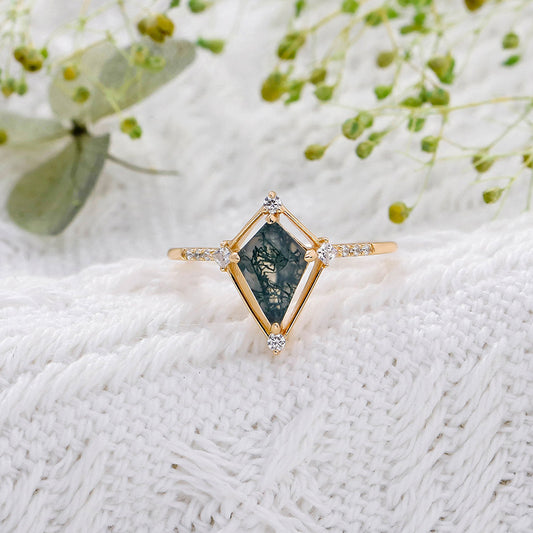 Vintage Kite Cut Moss Agate Engagement Ring Minimalist Diamond Accent Wedding Promise Ring