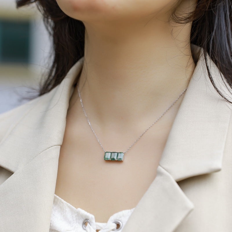 Three Stone Emerald-Cut Triple Natural Moss Agate Bar Necklace