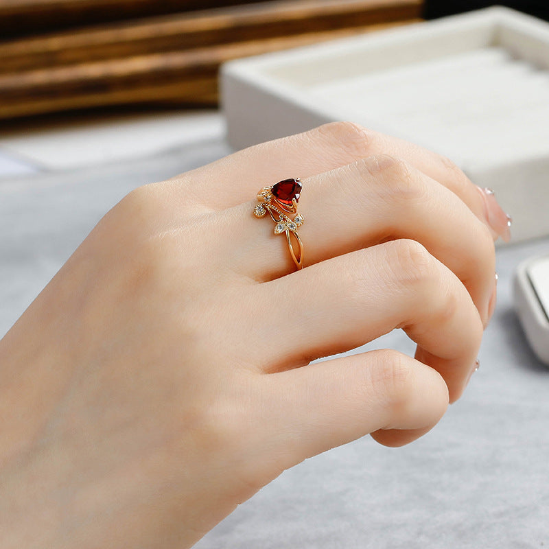 Nature Inspired Heart Garnet Engagement Ring with Leaf & Vine Accents