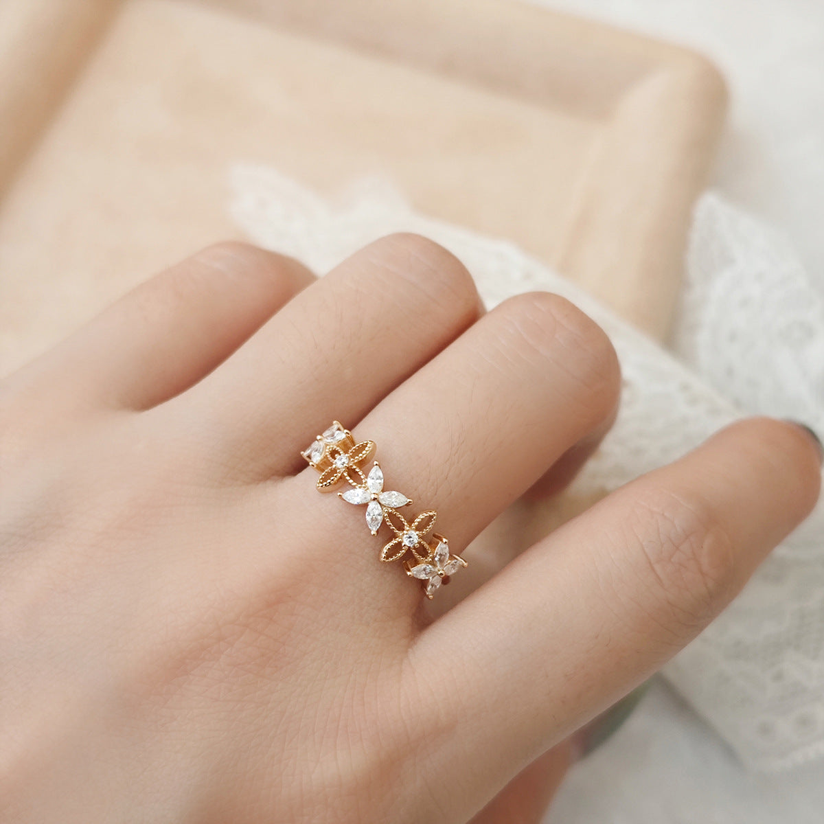 Flower Moissanite Wedding Ring, Marquise Cut Crystal Floral Stackable Ring for Women