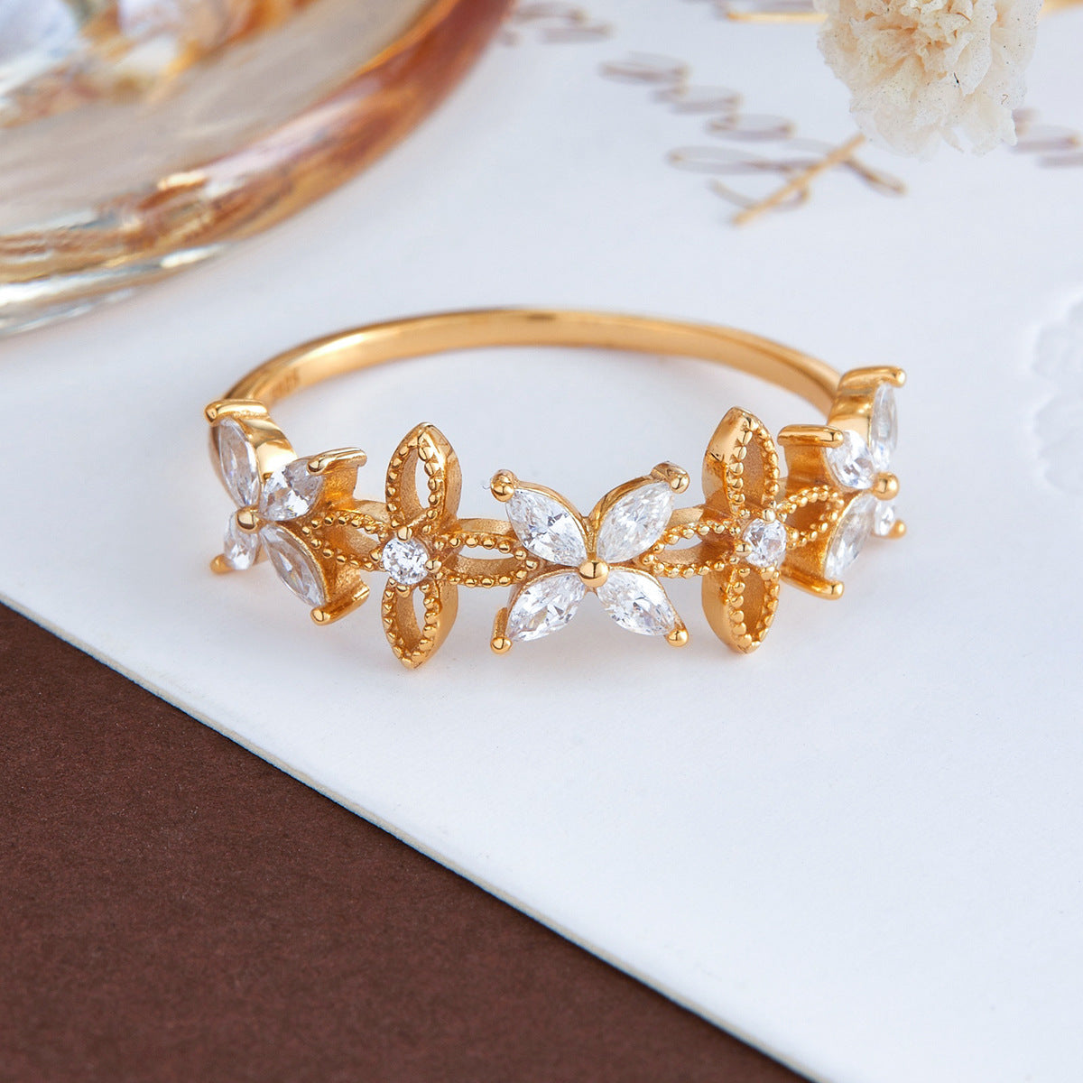 Flower Moissanite Wedding Ring, Marquise Cut Crystal Floral Stackable Ring for Women