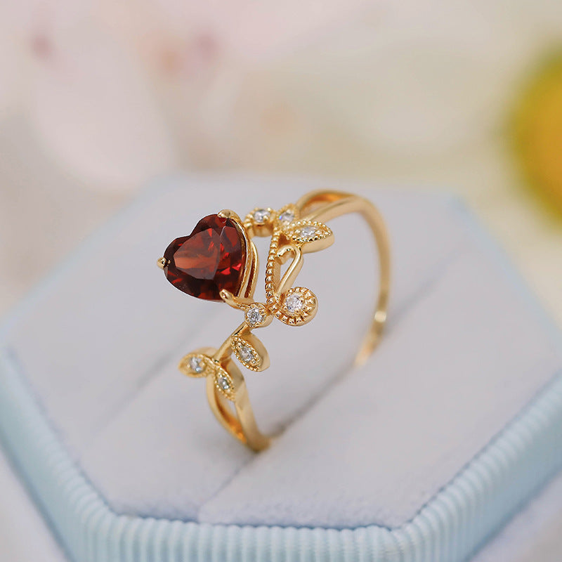 Nature Inspired Heart Garnet Engagement Ring with Leaf & Vine Accents
