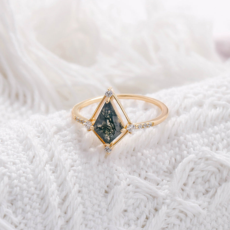 Vintage Kite Cut Moss Agate Engagement Ring Minimalist Diamond Accent Wedding Promise Ring