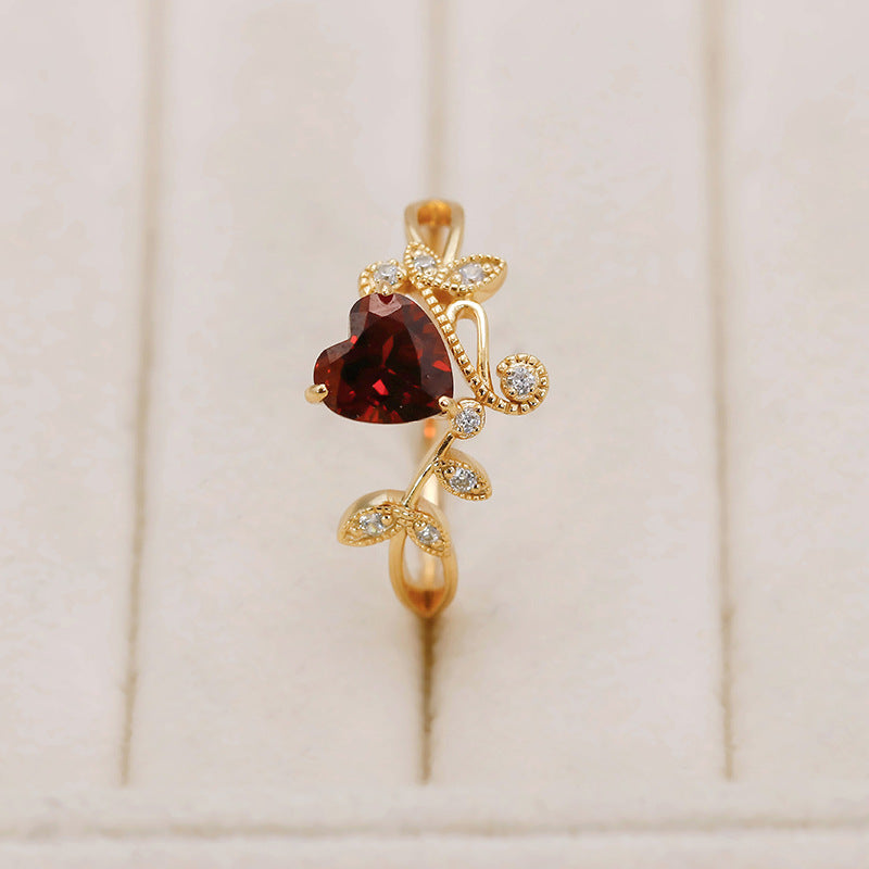 Nature Inspired Heart Garnet Engagement Ring with Leaf & Vine Accents