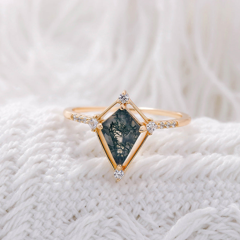 Vintage Kite Cut Moss Agate Engagement Ring Minimalist Diamond Accent Wedding Promise Ring