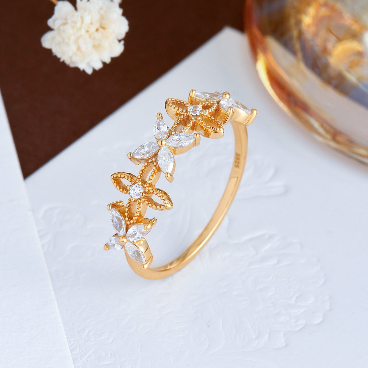 Flower Moissanite Wedding Ring, Marquise Cut Crystal Floral Stackable Ring for Women